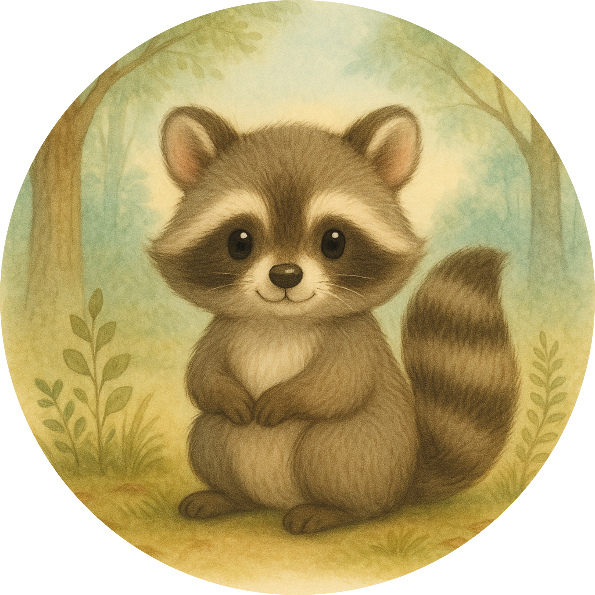 Waschbärbaby mit buschigem Schwanz sitzt auf Gras