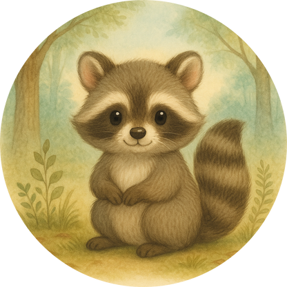 Waschbärbaby mit buschigem Schwanz sitzt auf Gras