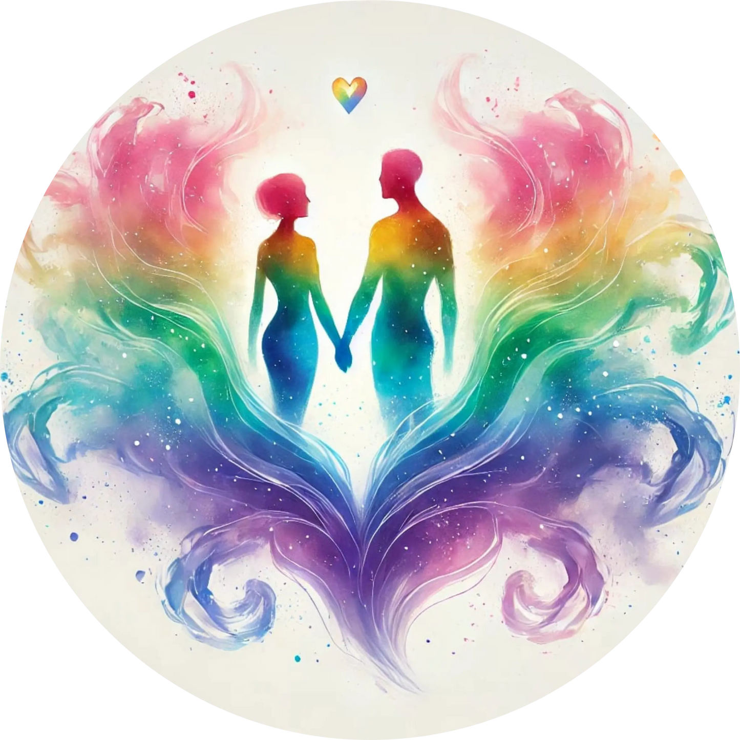 Zwei stilisierte Personen aus Wasserfarben in Herzform, mit Herz zwischen ihnen.