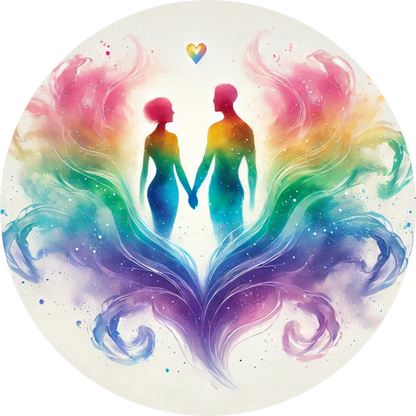 Zwei stilisierte Personen aus Wasserfarben in Herzform, mit Herz zwischen ihnen.