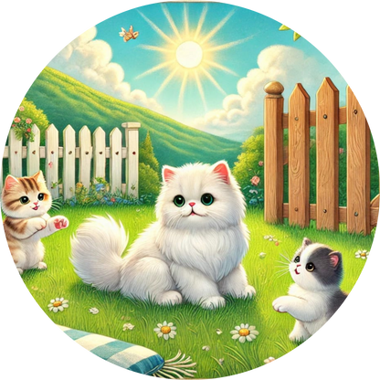 Weiße Katze im Garten mit Zaun und Schmetterlingen