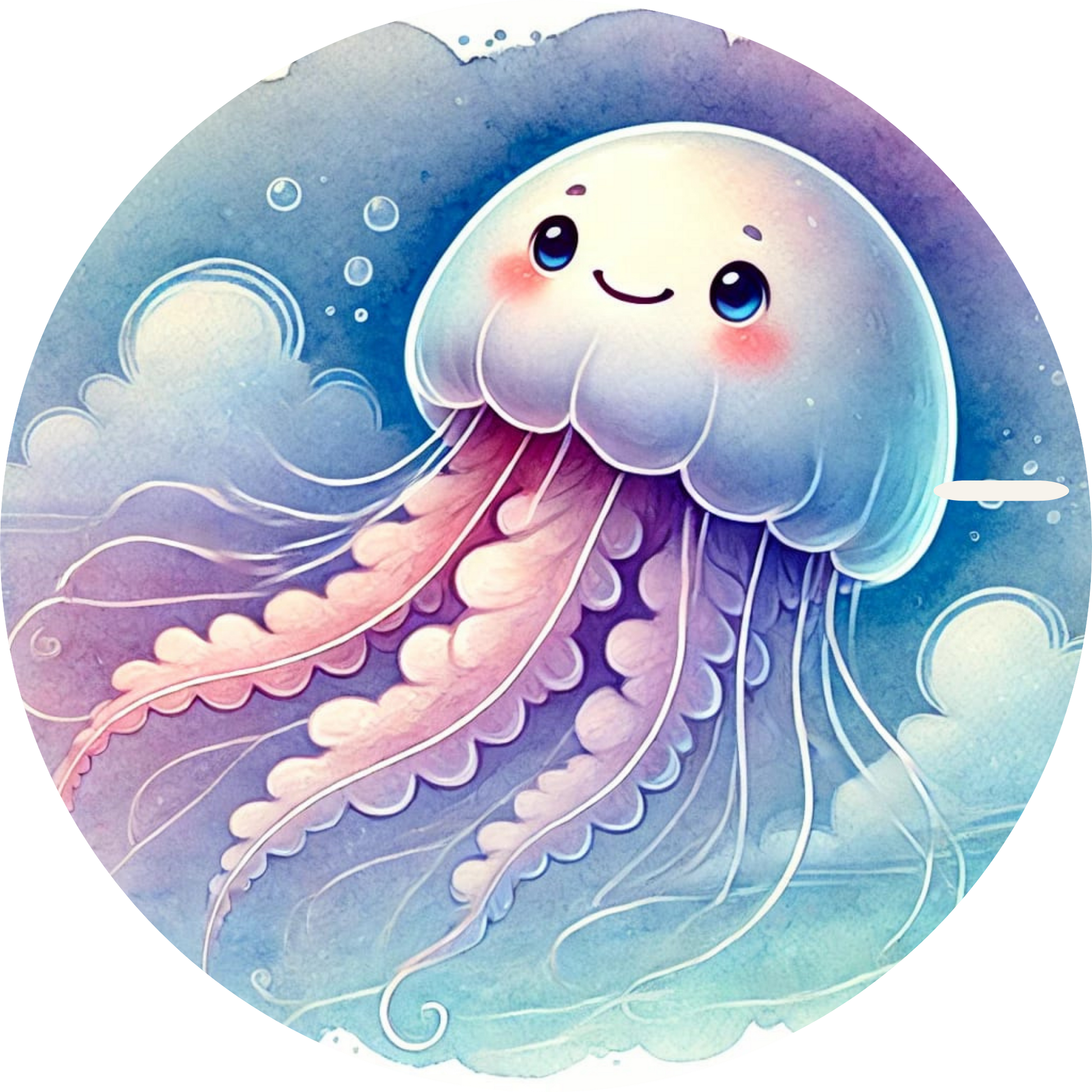 Weiße Qualle mit rosa Tentakeln unter wolkigem Himmel

