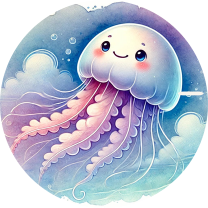 Weiße Qualle mit rosa Tentakeln unter wolkigem Himmel

