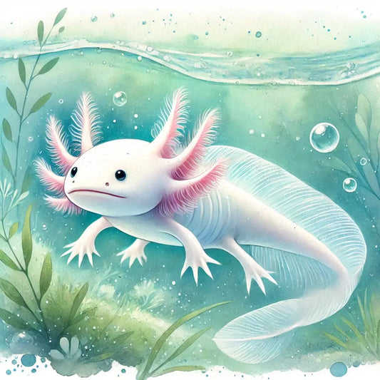 Weißer Axolotl mit blauen Kiemen in Wasserlandschaft mit Seerosen