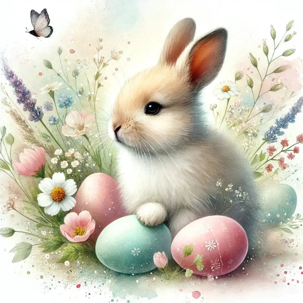 Weiße Häschen mit Ostereiern und zarten Blüten, weich gezeichnet im romantischen Stil.