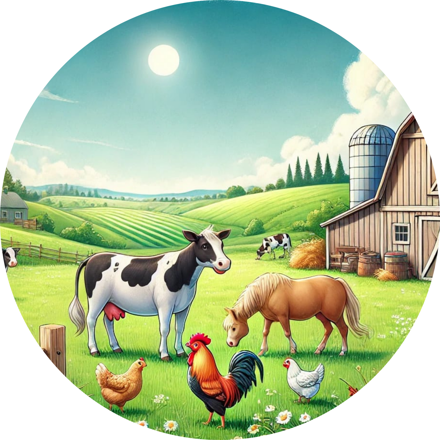 Weidende Tiere auf dem Bauernhof mit Stall im Hintergrund