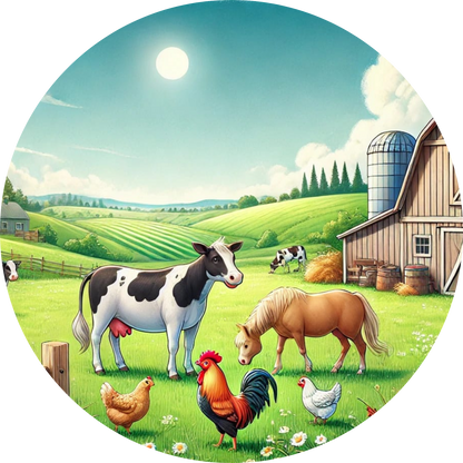 Weidende Tiere auf dem Bauernhof mit Stall im Hintergrund