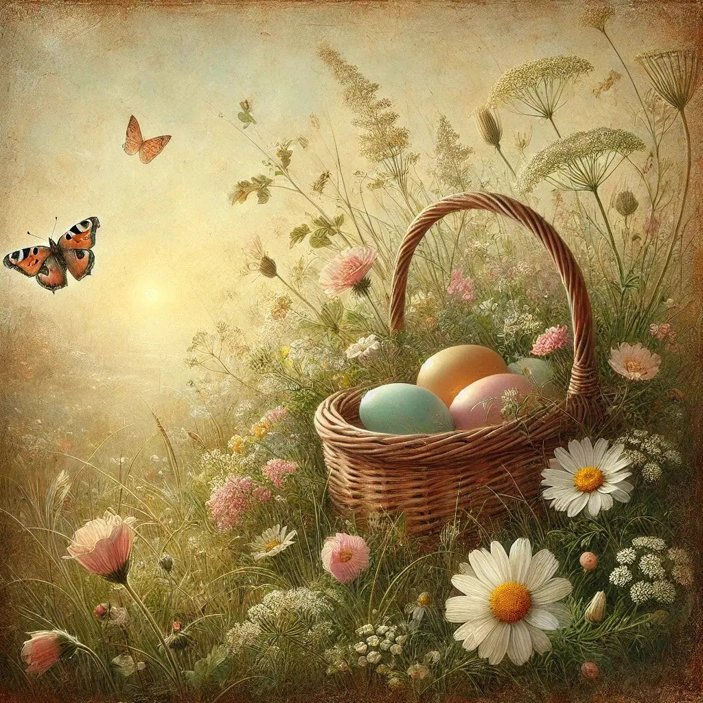 Weidenkorb mit Ostereiern auf einer Frühlingswiese, nostalgisch und naturnah.