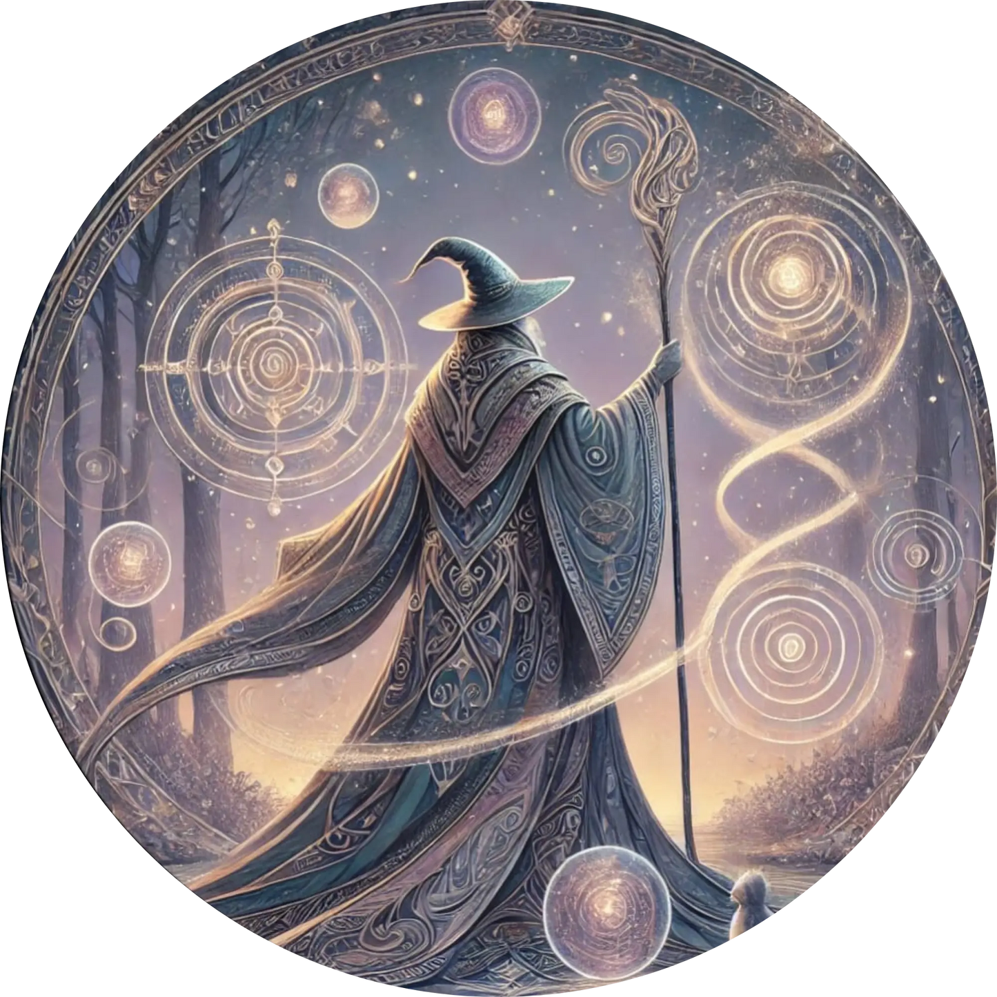 Weiser Zauberer mit leuchtendem Zauberstab vor magischem Runenkreis