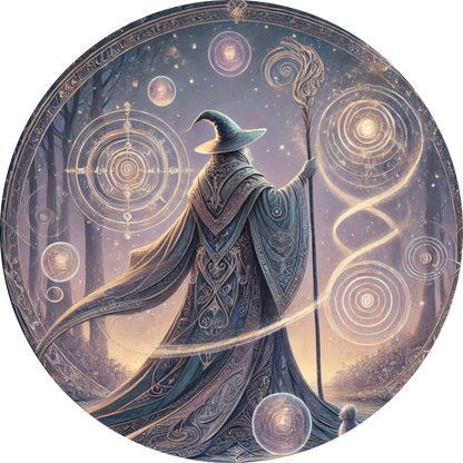 Weiser Zauberer mit leuchtendem Zauberstab vor magischem Runenkreis