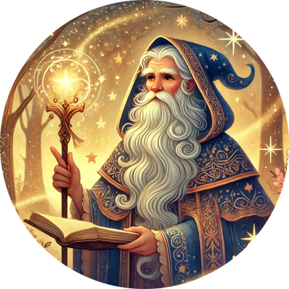 Weiser Zauberer mit leuchtendem Stab in alter Bibliothek