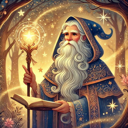 Alter Magier mit Sternenrobe und Zauberstab liest in einem Buch im Zauberwald.