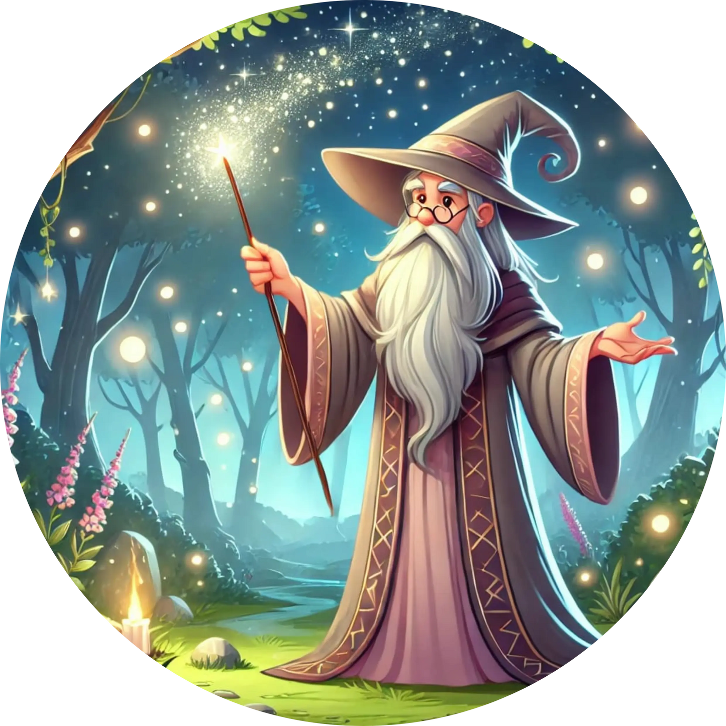 Weißhaariger Zauberer mit Sternenstab im leuchtenden Nebel