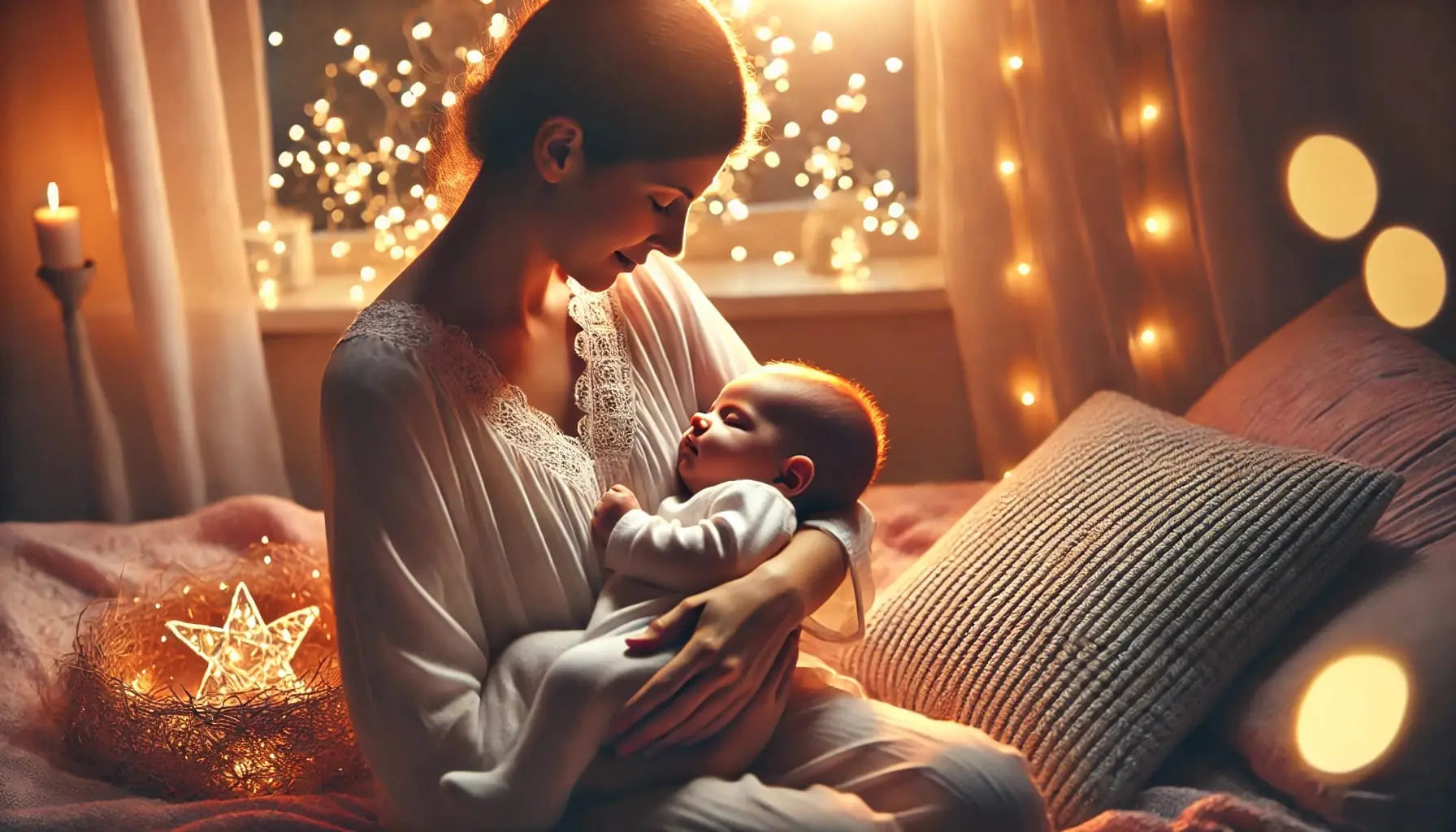 Mutter hält ihr schlafendes Neugeborenes liebevoll im Arm, umgeben von warmen Lichtern und gemütlicher Abendstimmung.