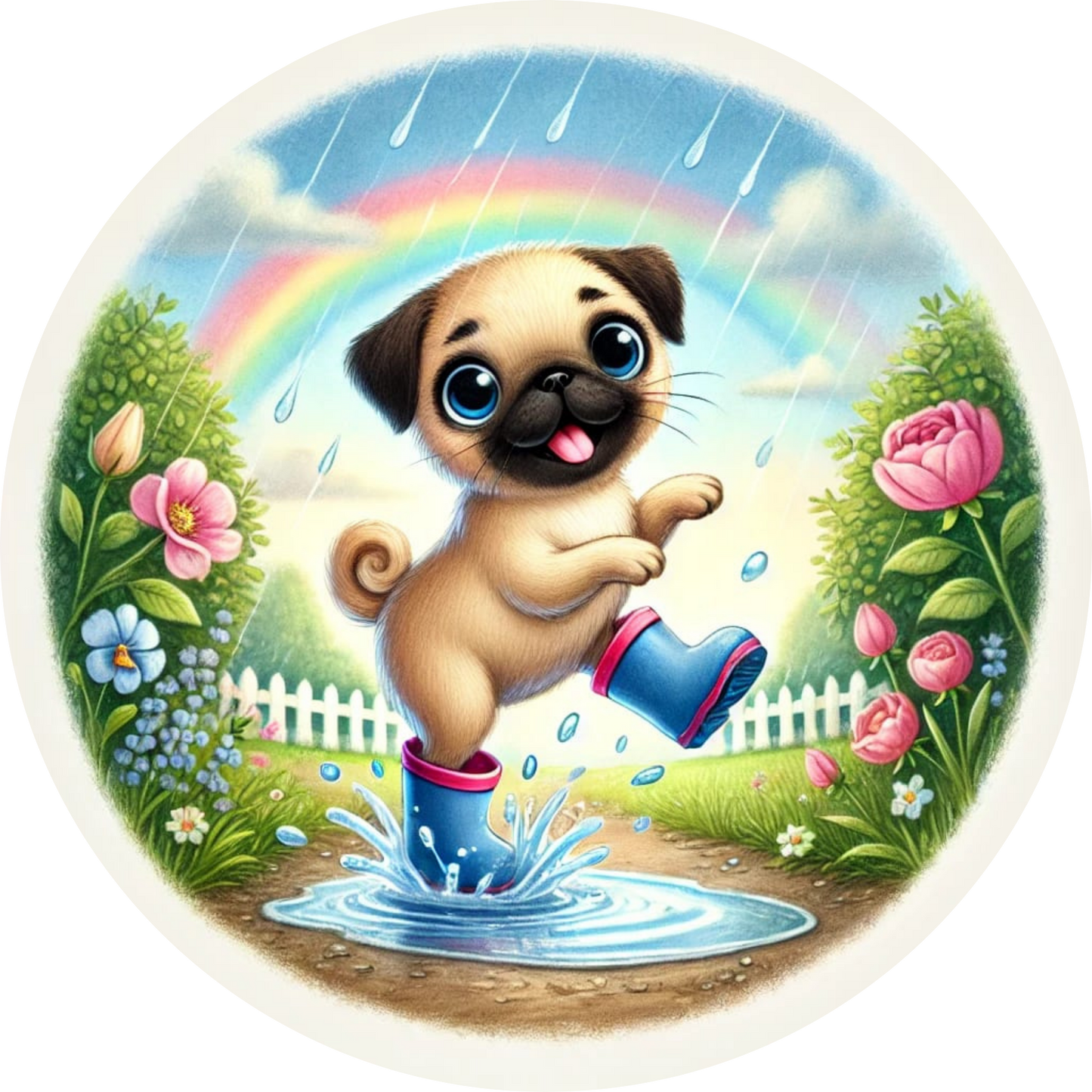 Welpe mit Pinsel springt durch einen blühenden Garten
