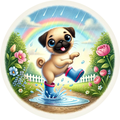 Welpe mit Pinsel springt durch einen blühenden Garten
