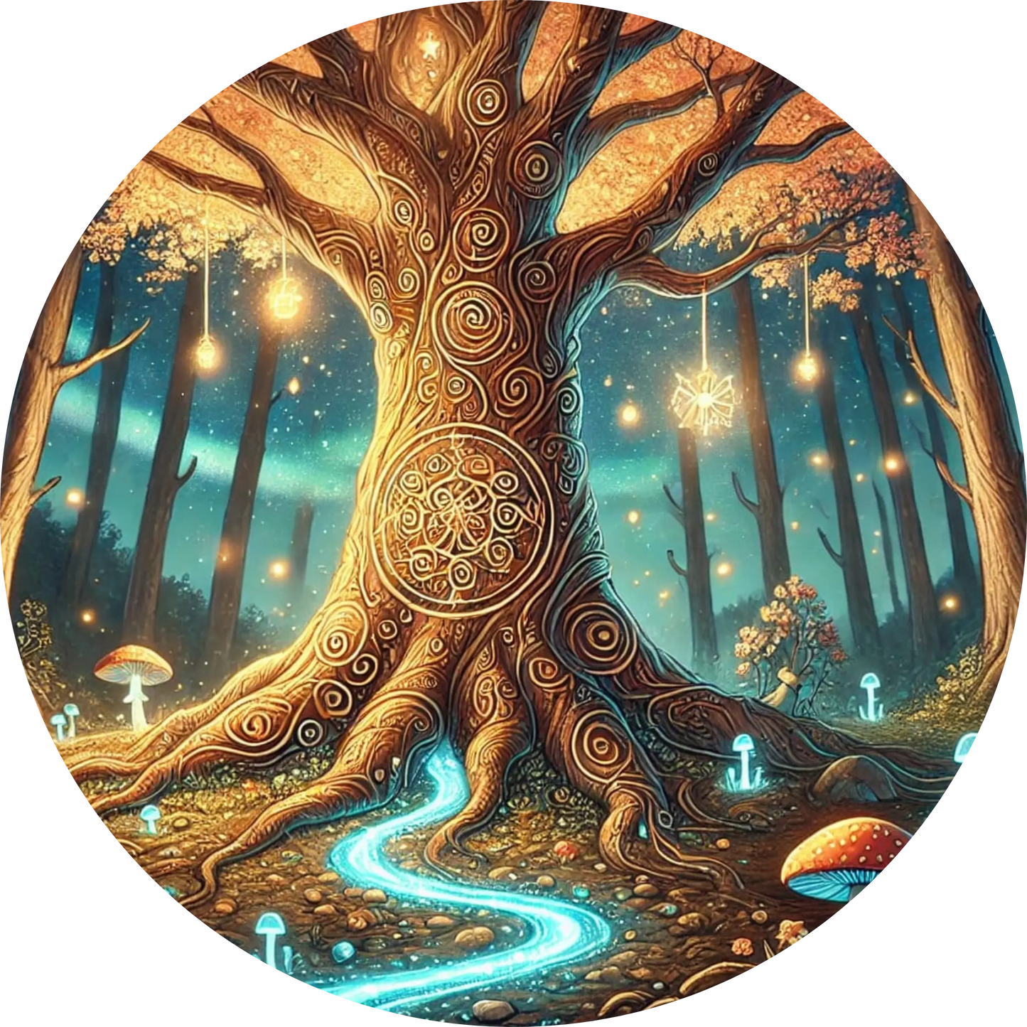 Verwunschener Weltenbaum mit keltisch anmutender Spirale – leuchtender Pfad im Wald