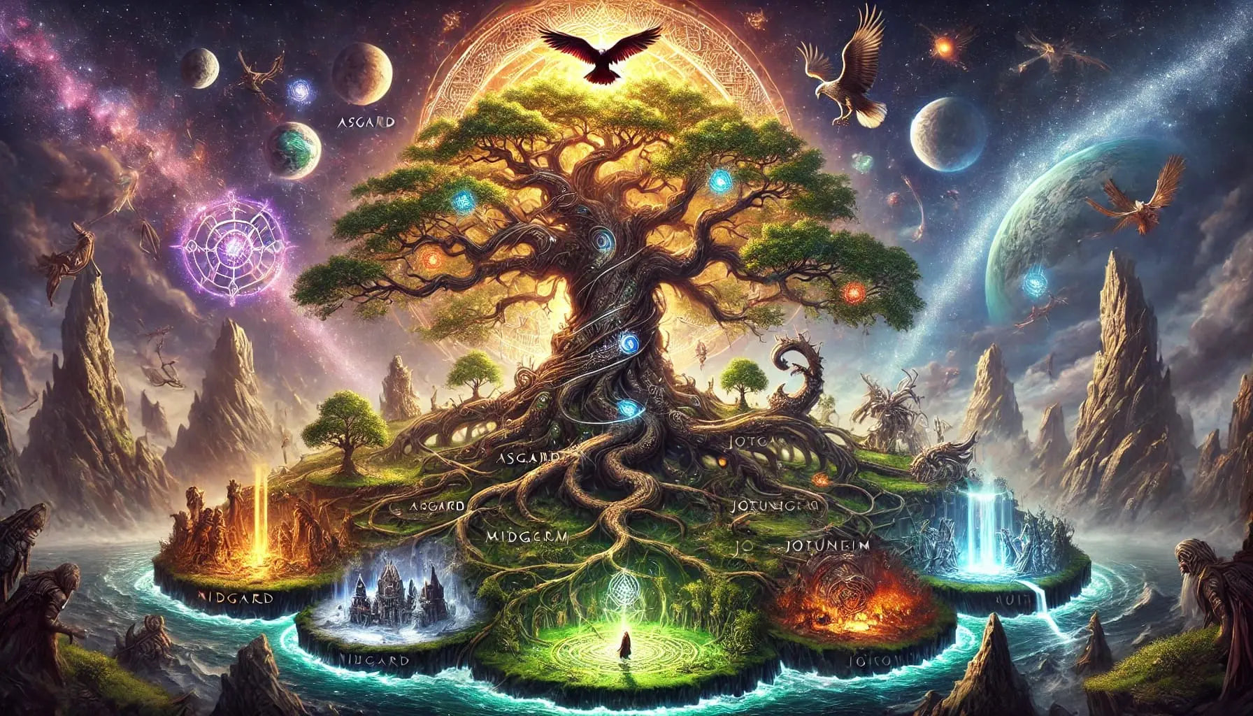 Weltenbaum Yggdrasil mit leuchtender Energie – zentrales Symbol der nordischen Mythologie.