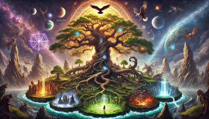 Weltenbaum Yggdrasil mit leuchtender Energie – zentrales Symbol der nordischen Mythologie.