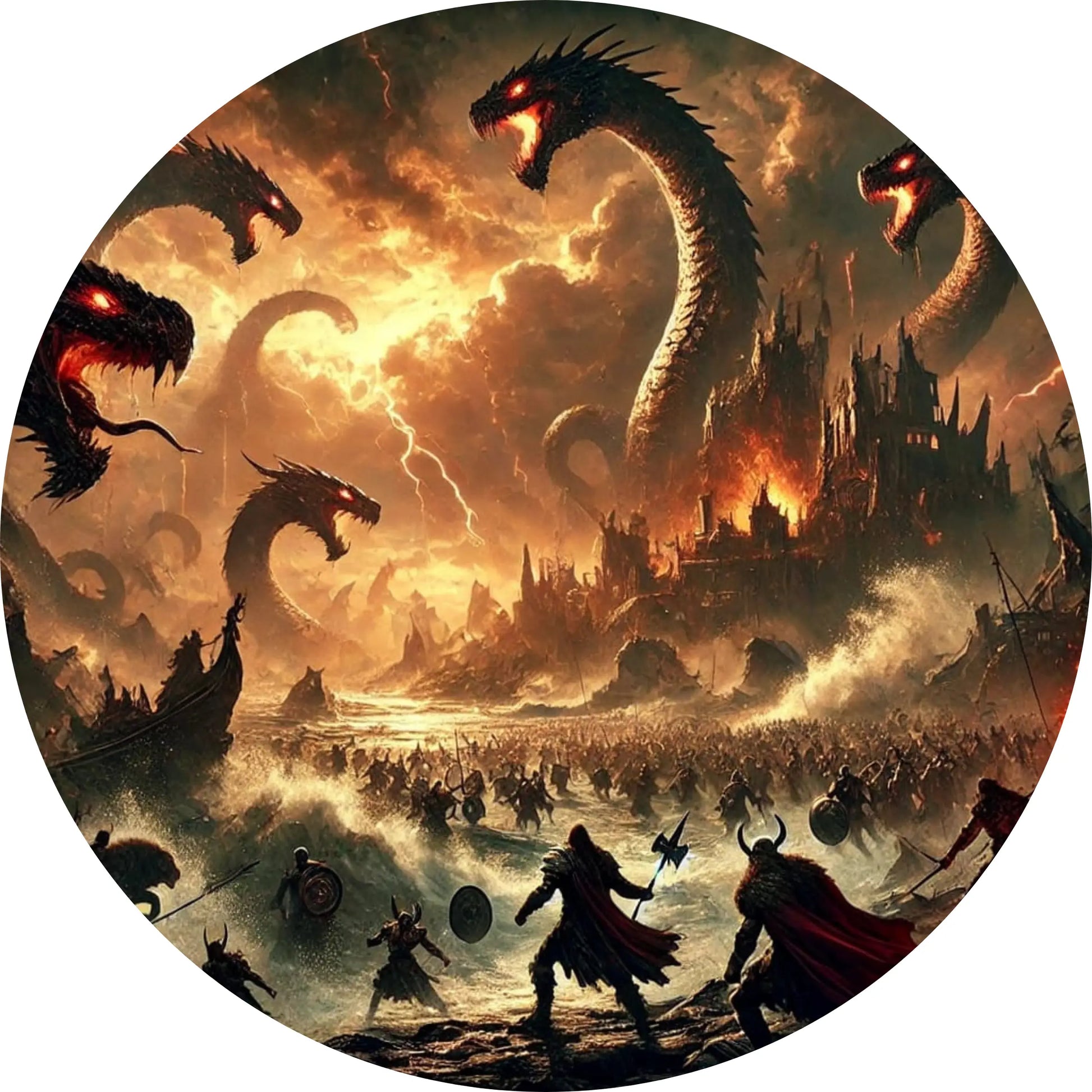 Ragnarök – epischer Kampf gegen die Weltenschlange in feuriger Endzeitszenerie