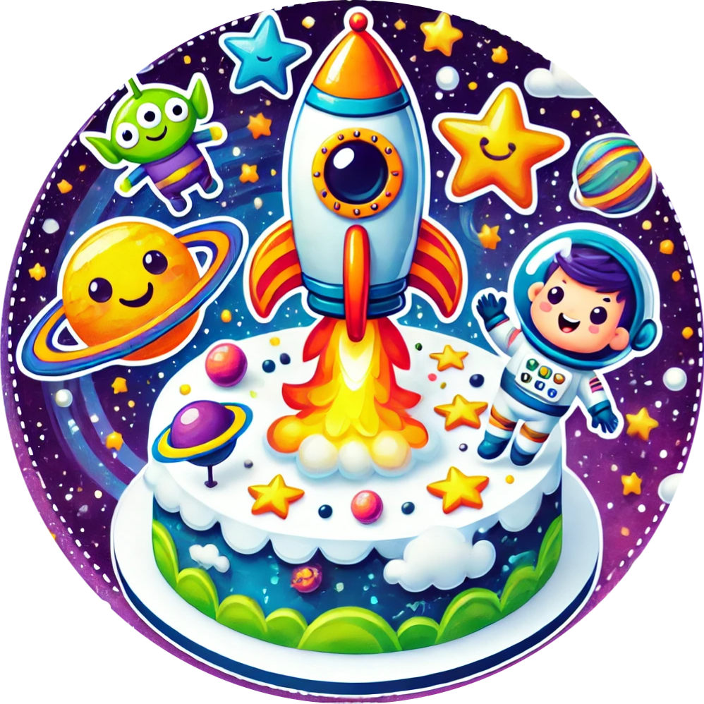 Bunte Torte mit Rakete und Weltall-Deko im Kinderstil