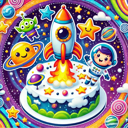 Comic-Torte mit Rakete, Sternen und Planeten – kunterbunt und verspielt.