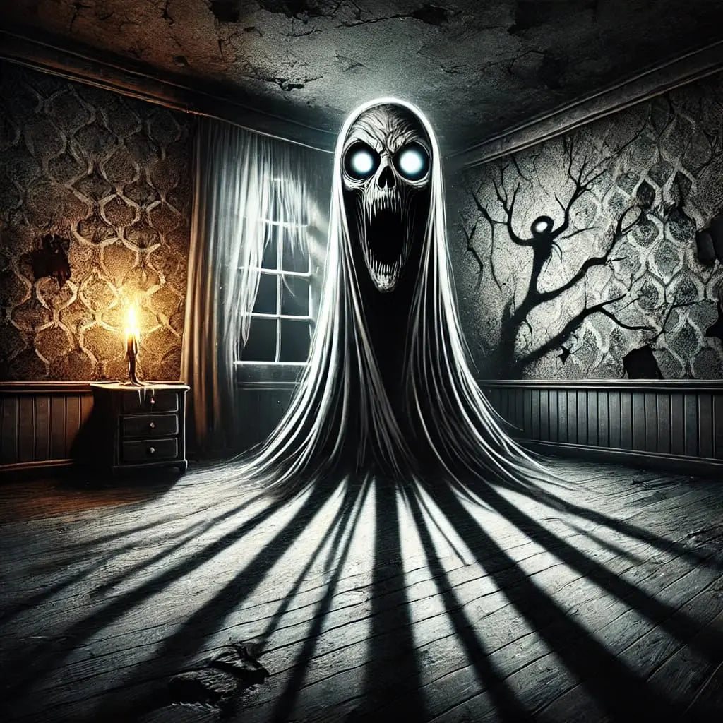 Weißes, geisterhaftes Wesen wirft lange Schatten in einem verlassenen Kinderzimmer – klassische Horrorszene