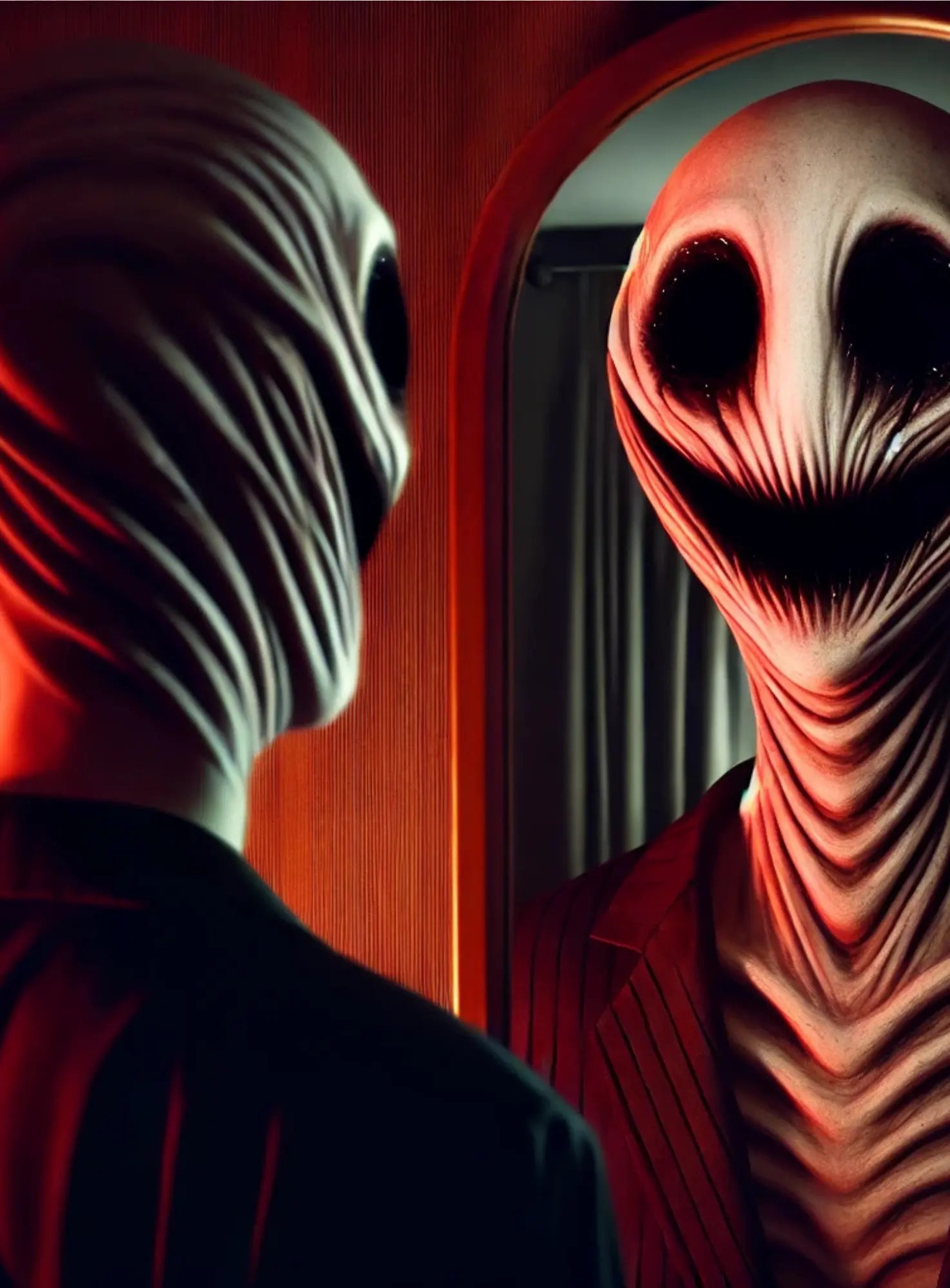 Zwei groteske Wesen mit bandagierten Gesichtern in bedrohlichem roten Licht – albtraumhafte Begegnung.