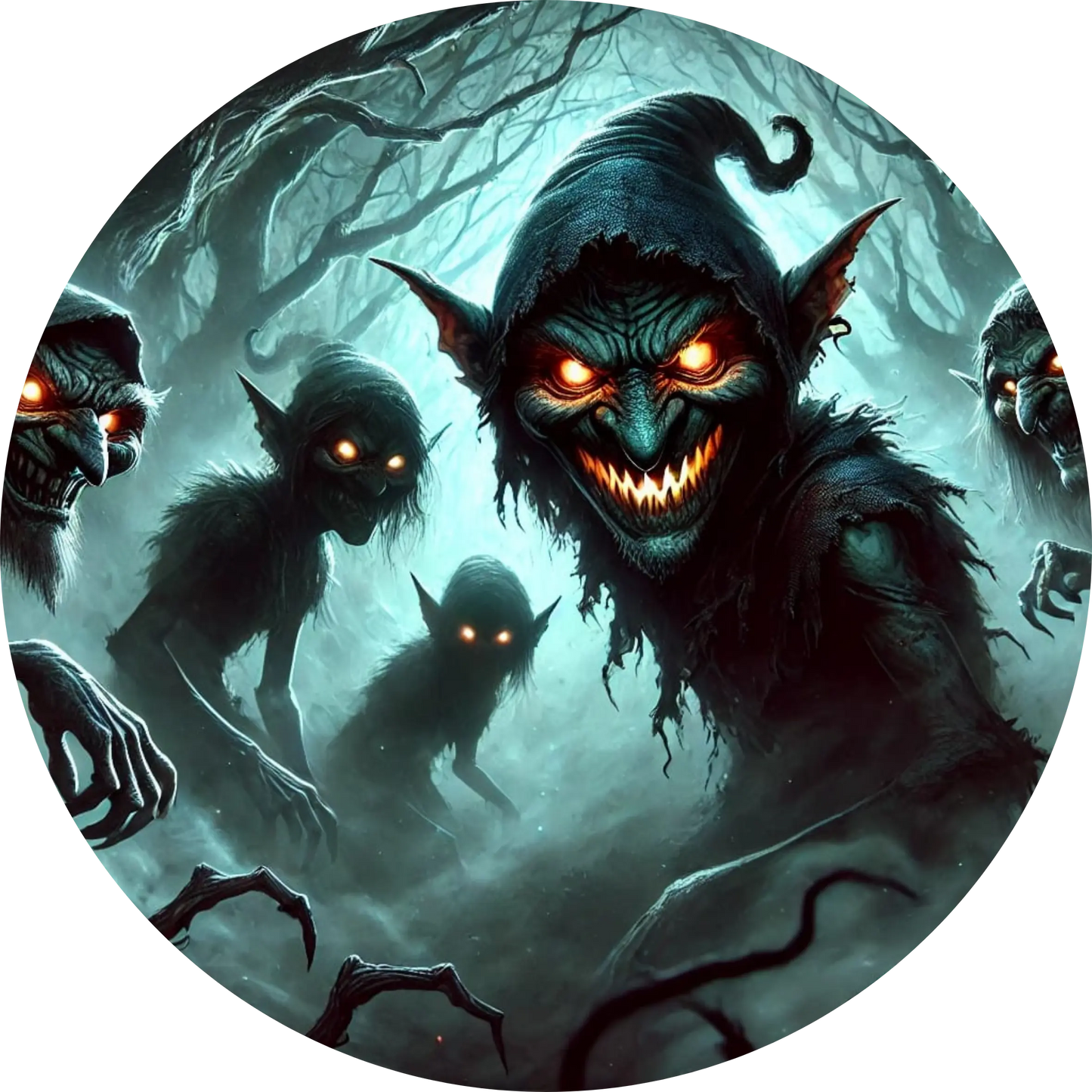 Dunkle Schattenwesen oder böse Wichtel mit glühenden Augen in düsterer Szene