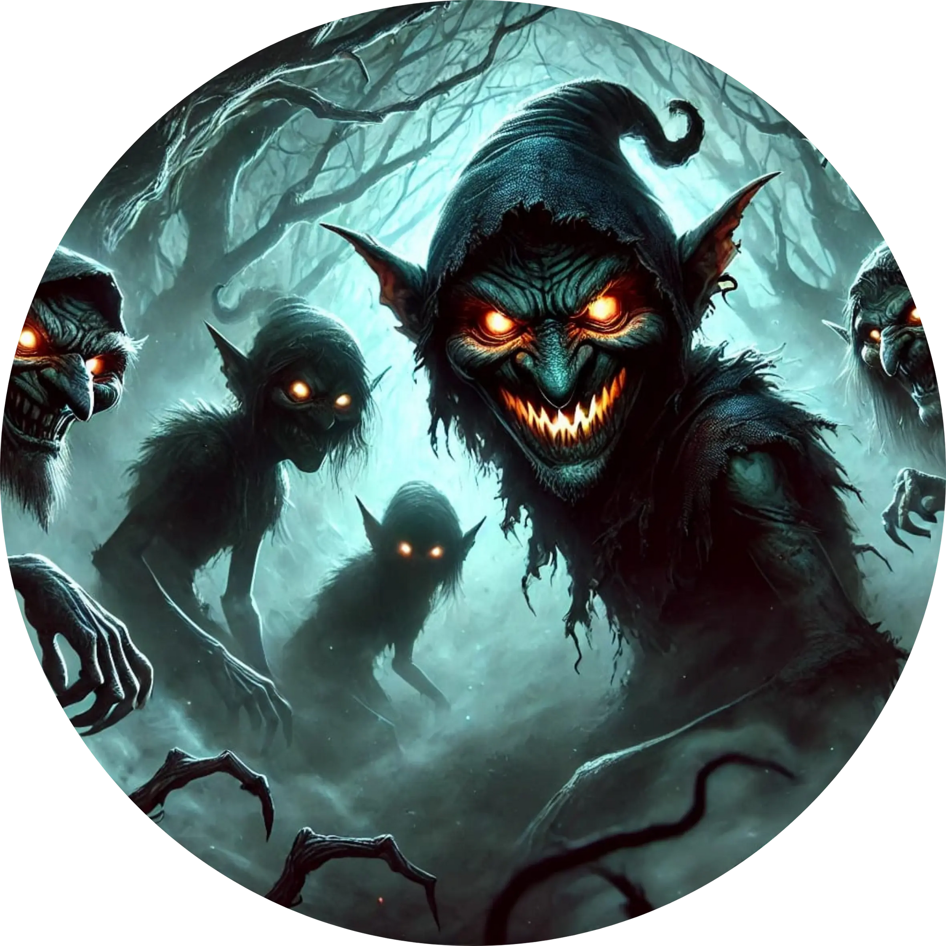 Dunkle Schattenwesen oder böse Wichtel mit glühenden Augen in düsterer Szene