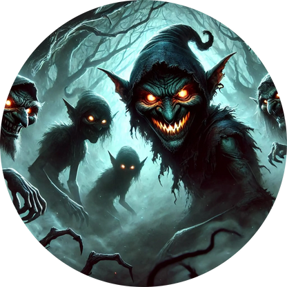 Dunkle Schattenwesen oder böse Wichtel mit glühenden Augen in düsterer Szene