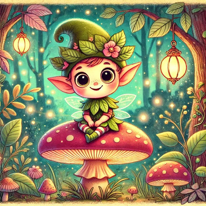 Ein niedlicher Wichtel mit großer Blume auf dem Kopf sitzt auf einem Pilz und schaut neugierig.