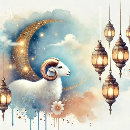 Islamischer Halbmond mit Widder & Laternen – Moderne Interpretation eines islamischen Festmotivs mit geometrischem Widder, Halbmond und Hängelaternen
