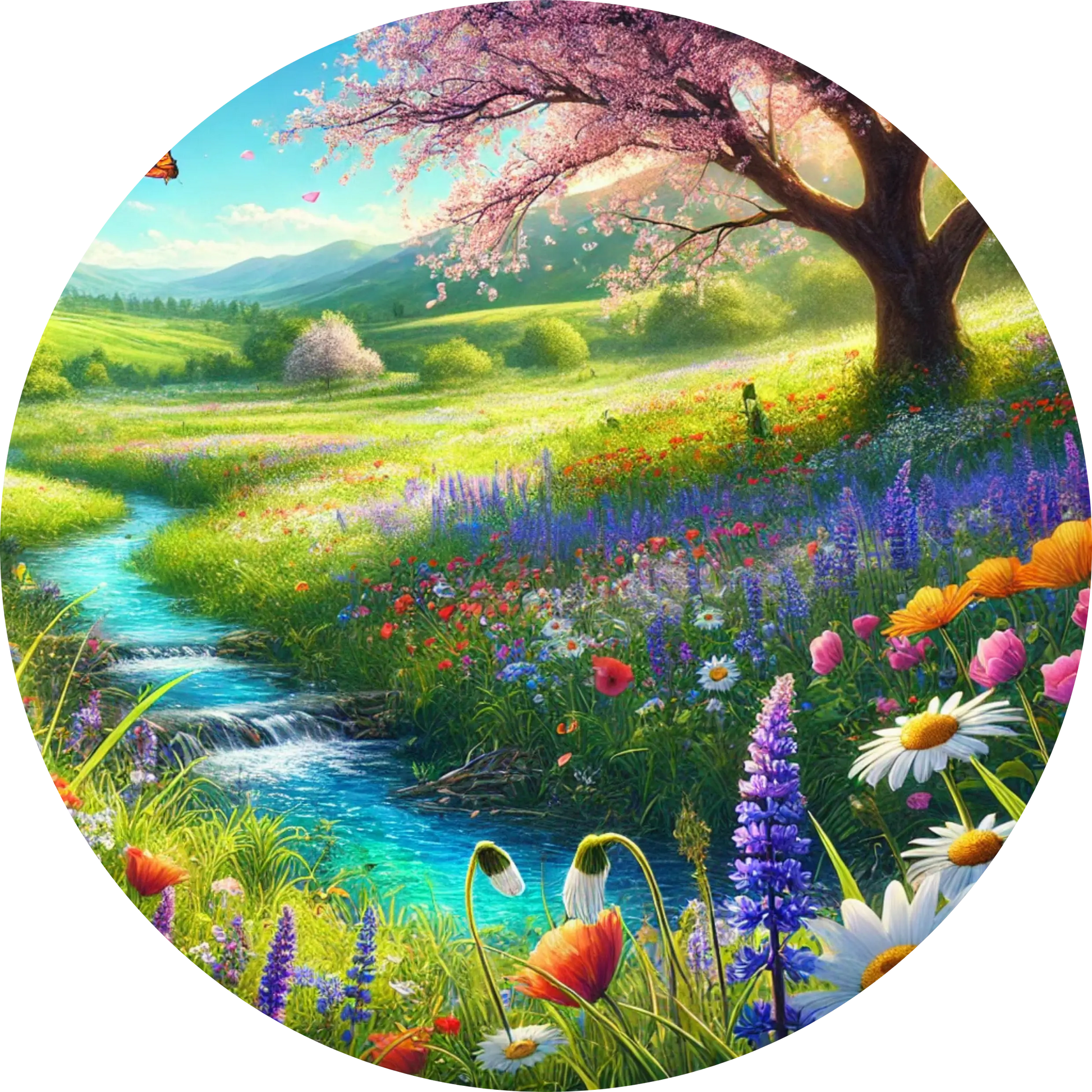 Bunte Wiesenlandschaft mit Frühlingsblumen und blühendem Baum