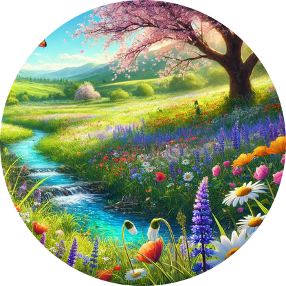 Bunte Wiesenlandschaft mit Frühlingsblumen und blühendem Baum