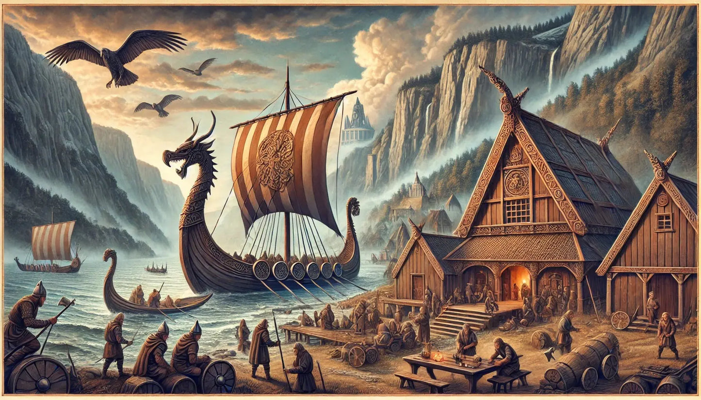 Detailreiche Wikingerszene mit Drachenbooten am Fjord, traditionellen Langhäusern und vielen Figuren beim Arbeiten und Lagern, eingebettet in eine nordische Berglandschaft mit Wasserfall und Seeadlern.