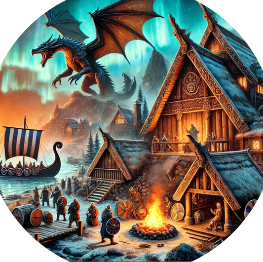 Wikingerdorf mit Langhäusern, Drachenboot und feuerspeiendem Drachen am Himmel