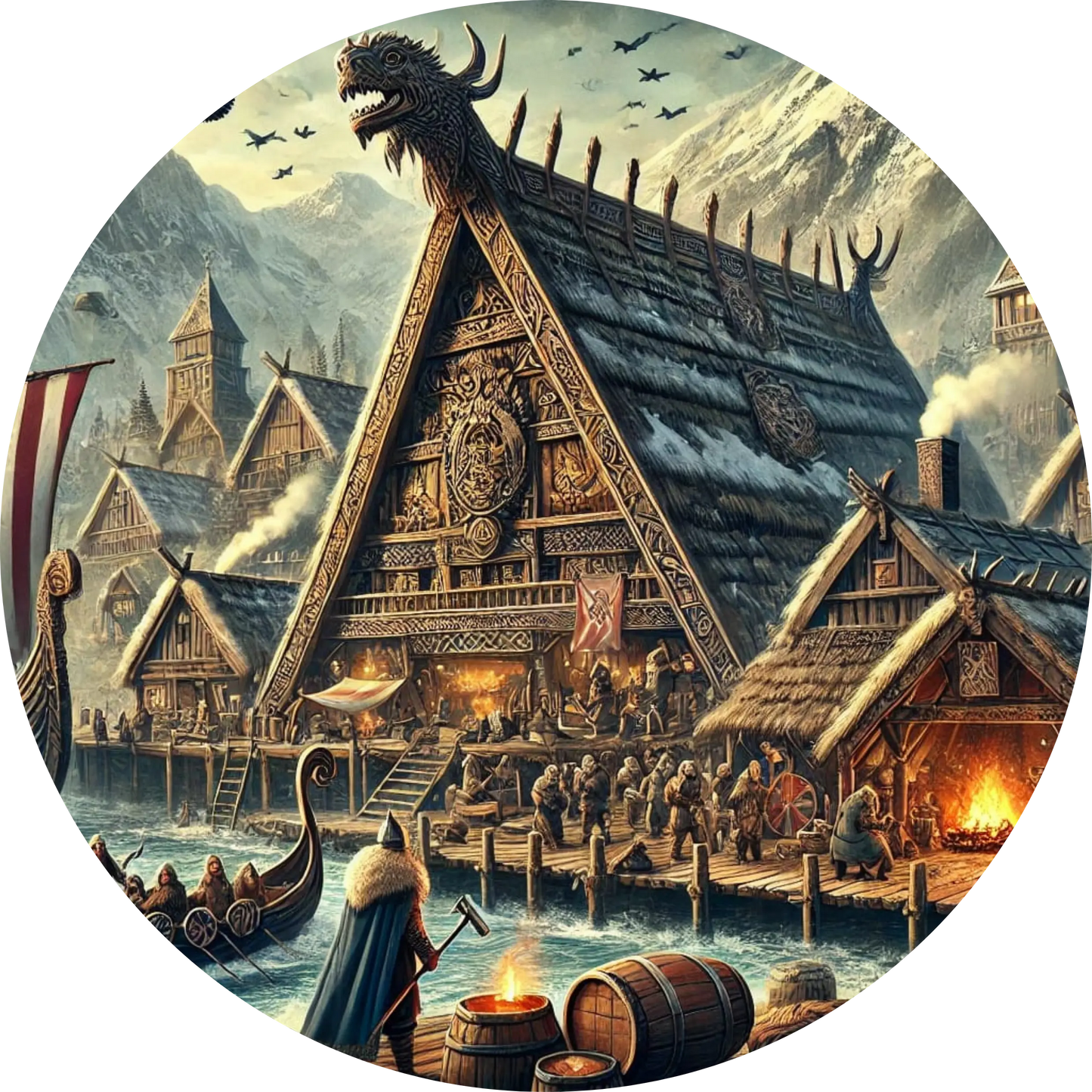 Wikingerdorf - Alltagsszene, im Hintergrund sind schneebedeckte Berge. 