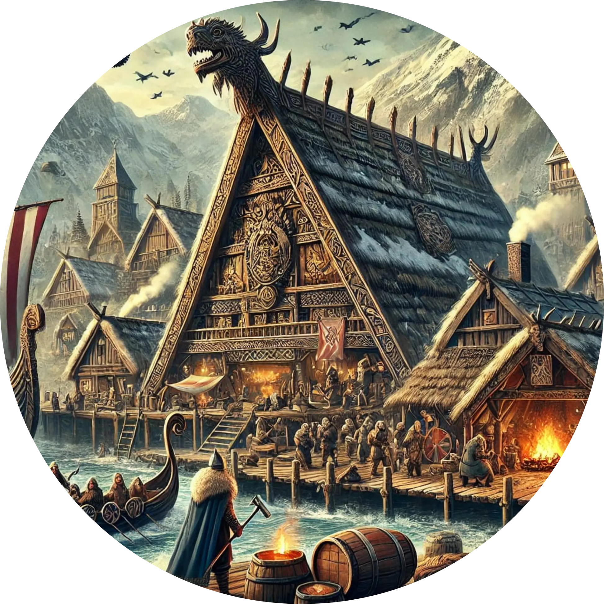 Wikingerdorf - Alltagsszene, im Hintergrund sind schneebedeckte Berge. 