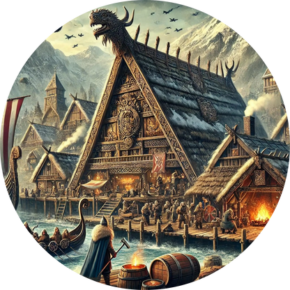 Wikingerdorf - Alltagsszene, im Hintergrund sind schneebedeckte Berge. 