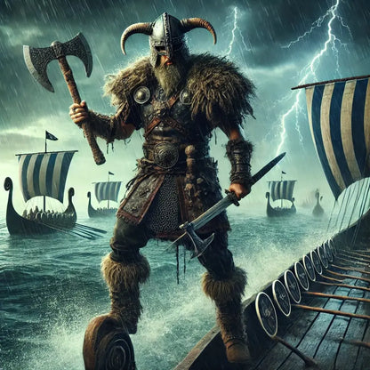 Wikingerkrieger mit erhobenem Doppelaxt vor einem Drachenboot am Ufer – epische Szene im frostigen Fjord, symbolträchtig mit Raben und nordischer Rüstung.