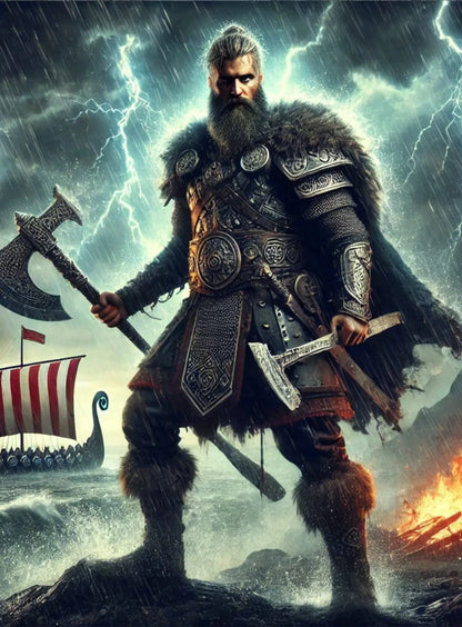 Wikingerkrieger mit Axt in bedrohlicher Haltung – neblige Kampfszene.