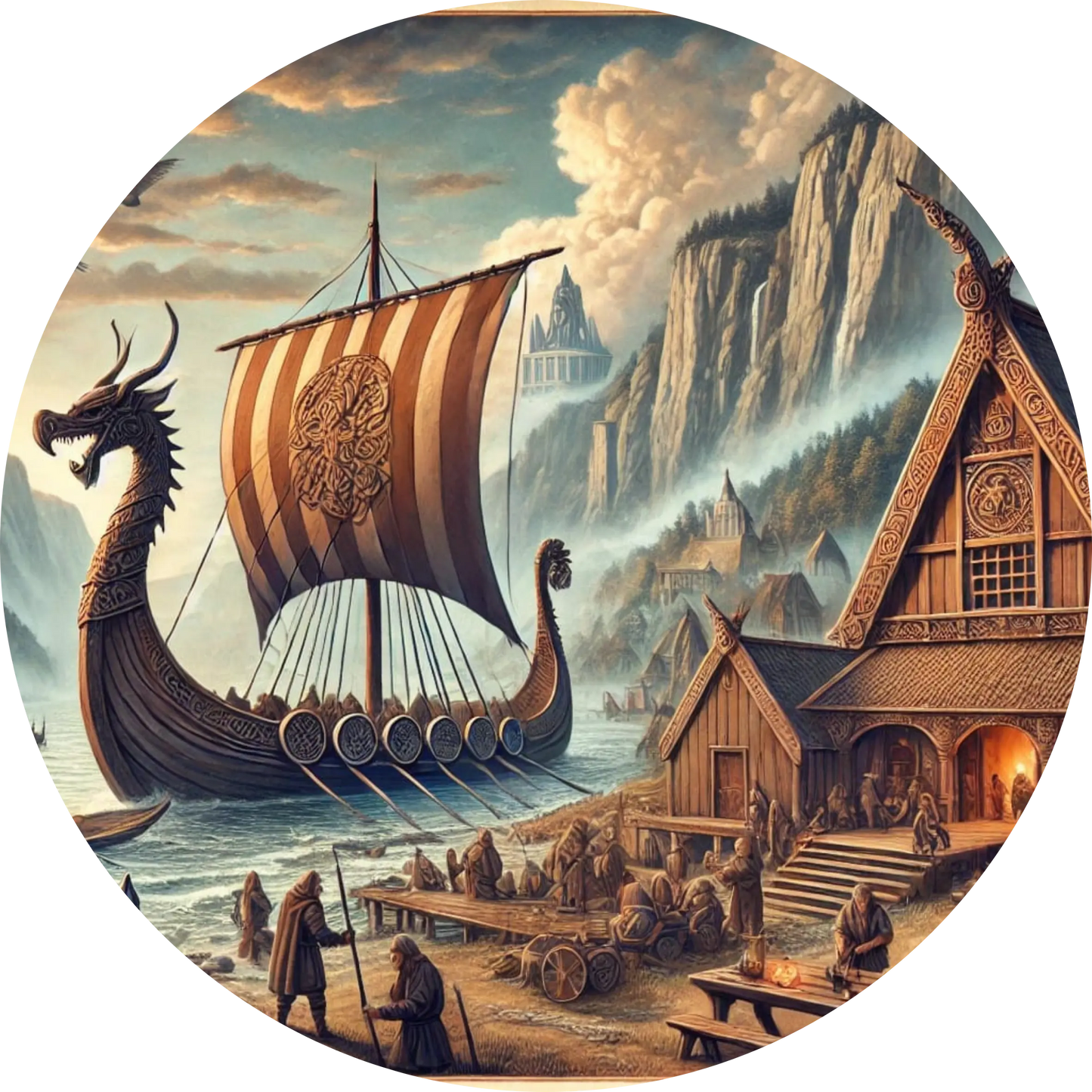 Ein Wikingerlangschiff fährt aus einem Fjord hinaus, vorbei an einer typischen nordischen Siedlung mit steilen Felsen und Holzhäusern – klassische Szene einer Seefahrerreise.