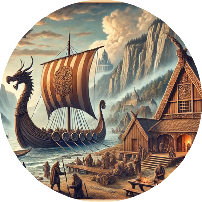 Ein Wikingerlangschiff fährt aus einem Fjord hinaus, vorbei an einer typischen nordischen Siedlung mit steilen Felsen und Holzhäusern – klassische Szene einer Seefahrerreise.