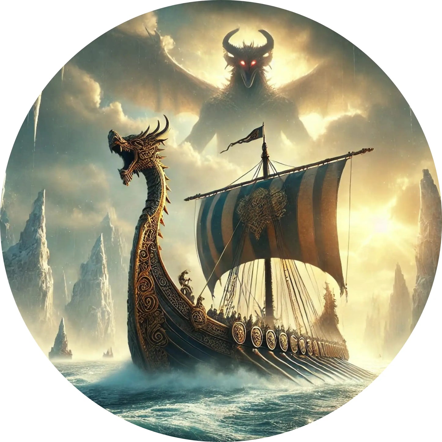 Wikingerschiff mit Drachenkopf auf aufgewühltem Meer, im Hintergrund ein riesiger, bedrohlich leuchtender Gott mit Hörnern und glühenden Augen vor einem stürmischen Himmel.