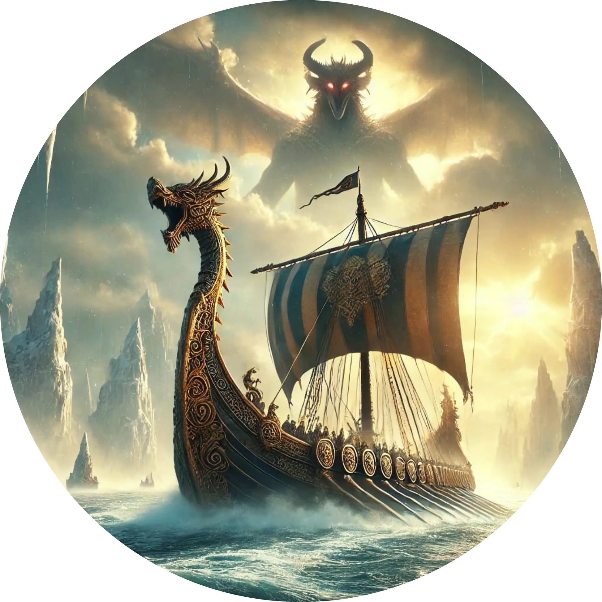 Wikingerschiff mit Drachenkopf auf aufgewühltem Meer, im Hintergrund ein riesiger, bedrohlich leuchtender Gott mit Hörnern und glühenden Augen vor einem stürmischen Himmel.