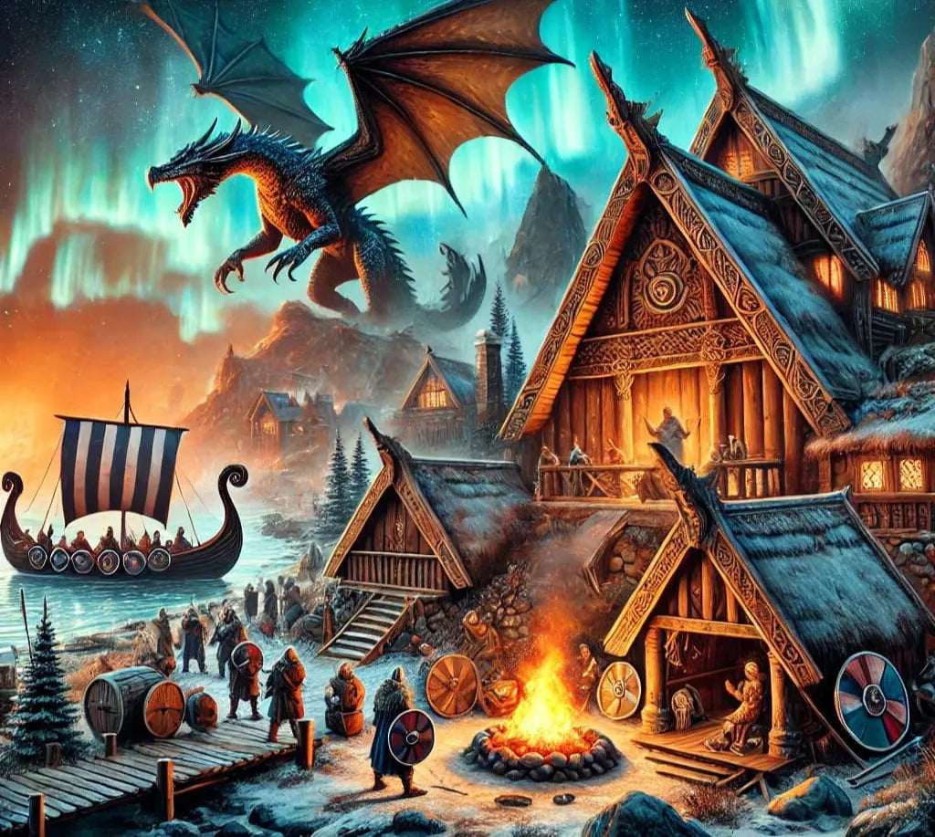 Mystische Wikingersiedlung am Fjord mit Drachenbooten und Schneebedeckten Bergen – atmosphärische Szene im Stil der nordischen Mythologie