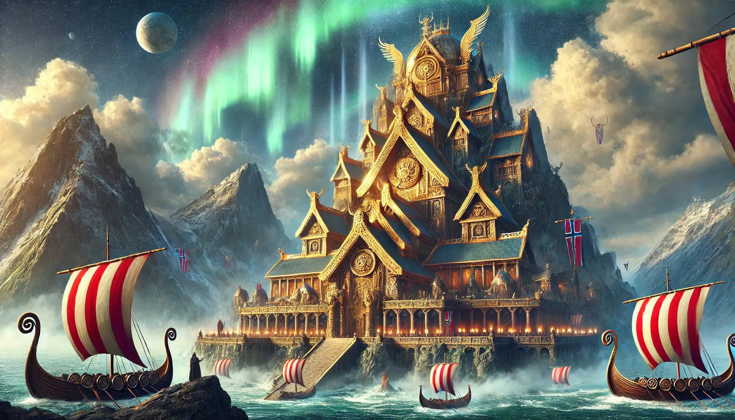 Prächtige Stadt an der Küste mit imposanten Drachenbooten und leuchtenden Bergen – Darstellung von Asgard oder Valhalla im Sonnenlicht.