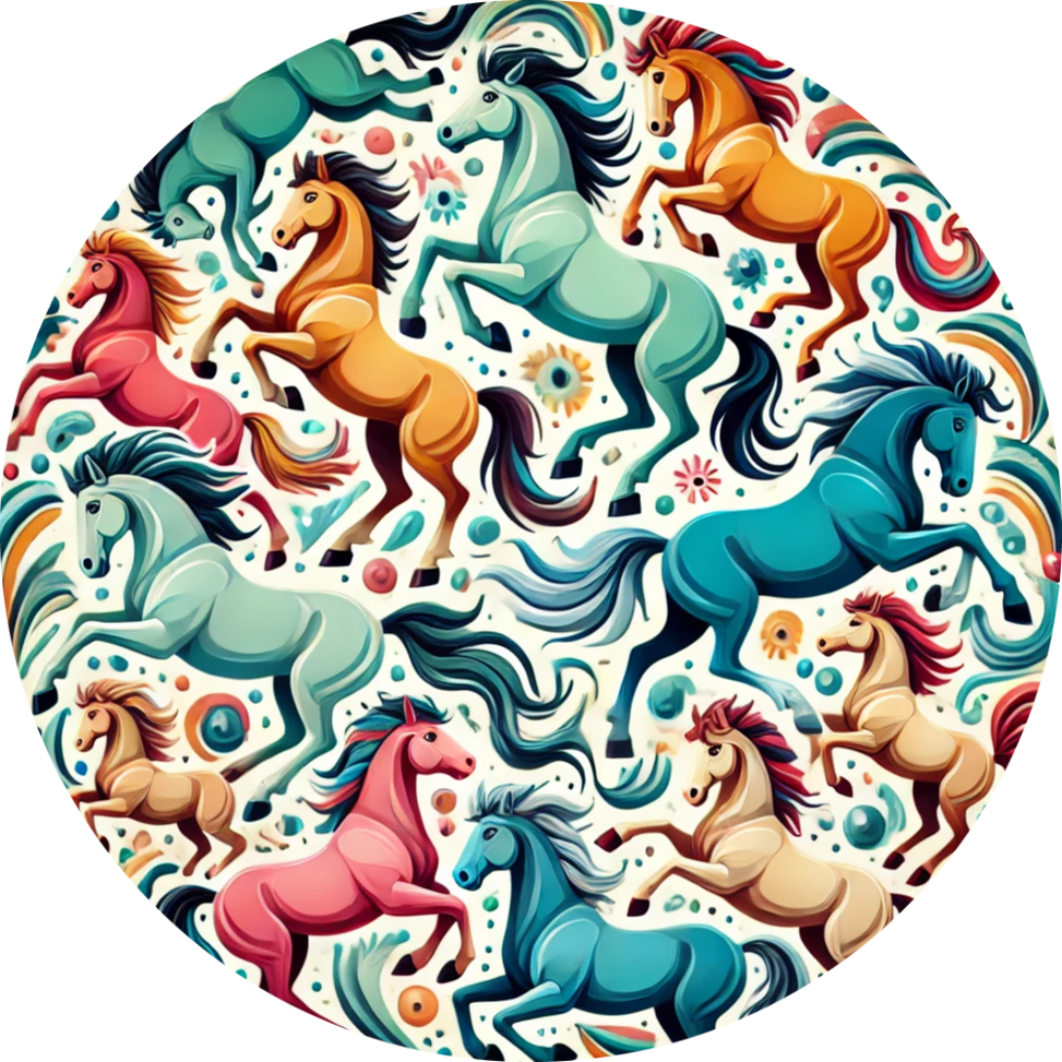 Muster aus bunten Pferden in dynamischer Anordnung – kunstvolle Tiergrafik
