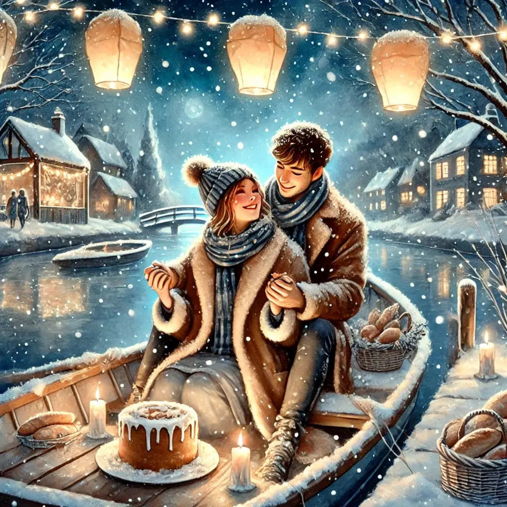 Verliebtes Paar in einem Boot bei Schneefall – winterliche Romantik mit Lichterketten, Kerzen und Gebäck.